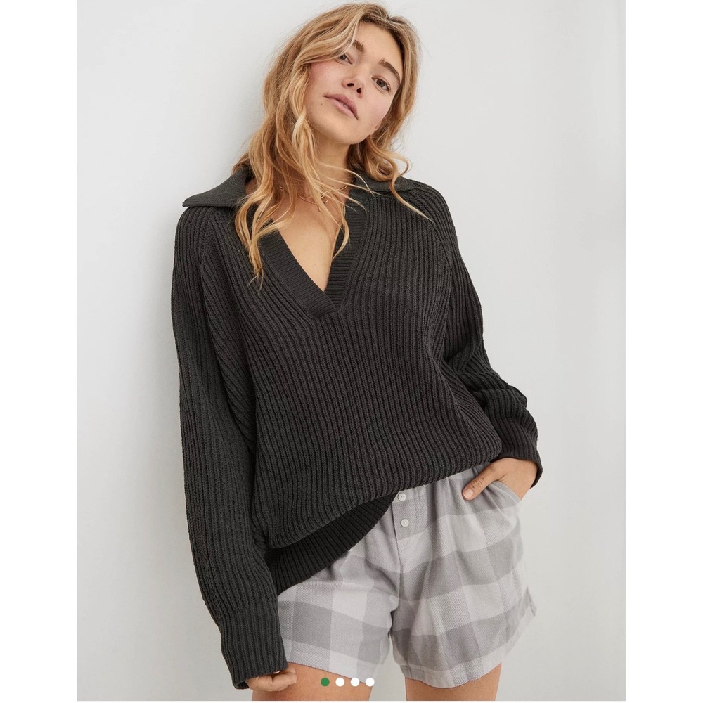 Aerie Womens Sugar Rush Chenille Sweater Charcoal Gray V-Neck Pullover Small